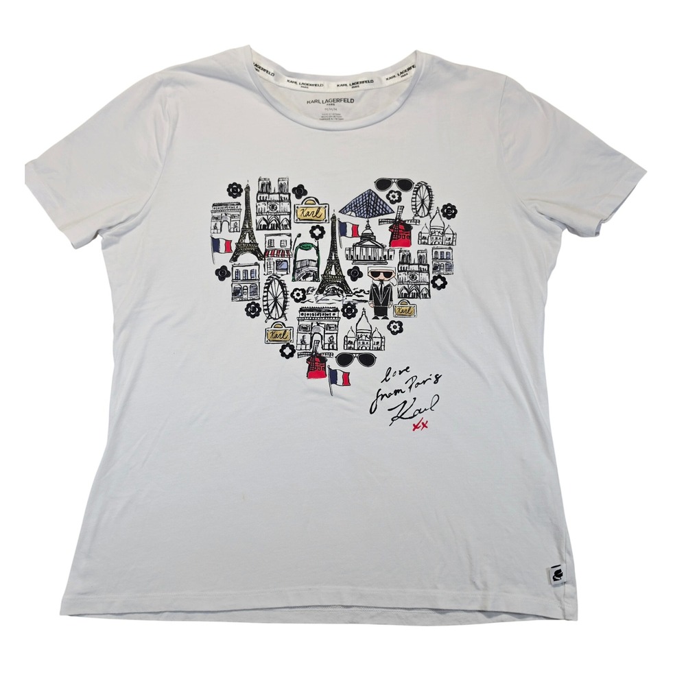 Karl Lagerfeld Paris White Love From Paris Graphic Heart T-Shirt Womens Medium